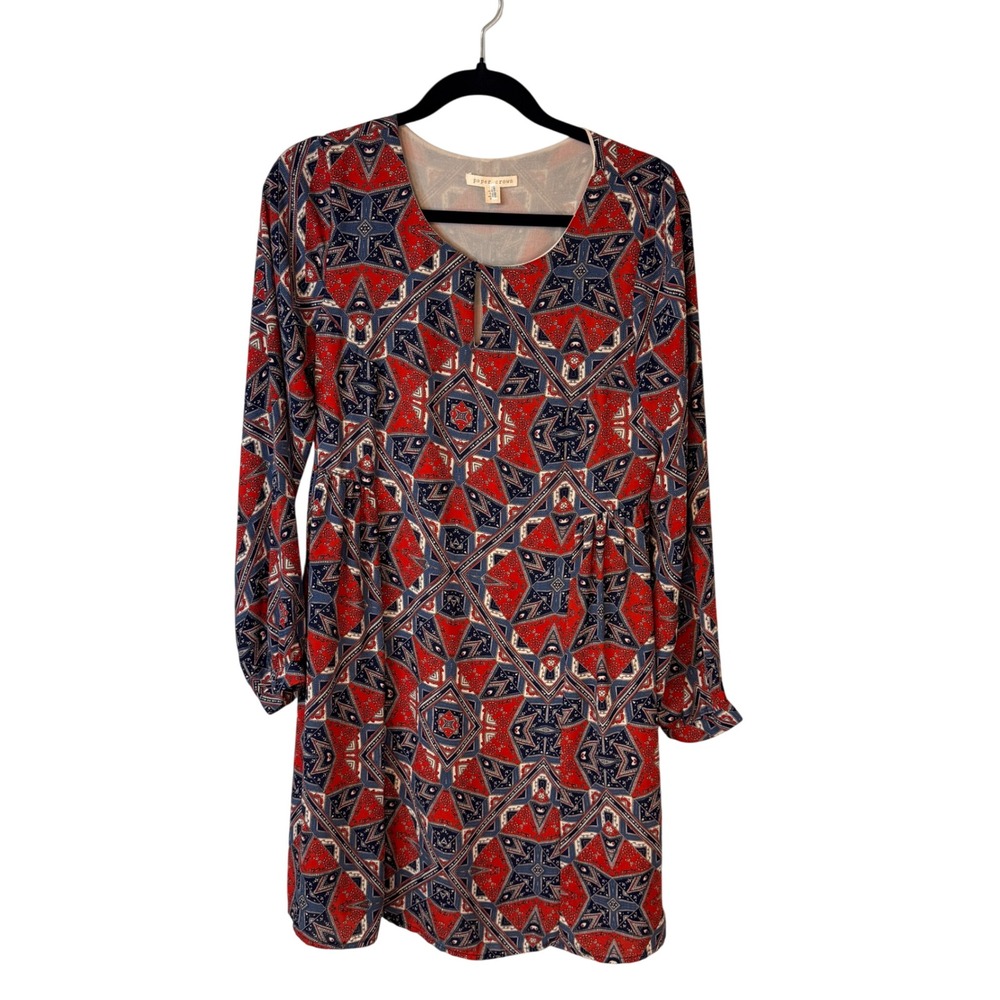 Paper Crown Womens Sz M Boho Red Blue Geometric‎ Print Long Sleeve Dress